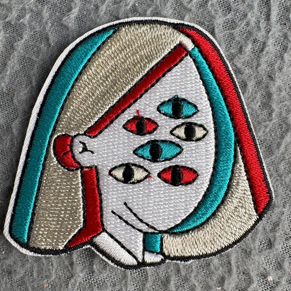 Surreal Six Eyed Girl Embroidered Patch Teal Red Silver Pop Art Applique